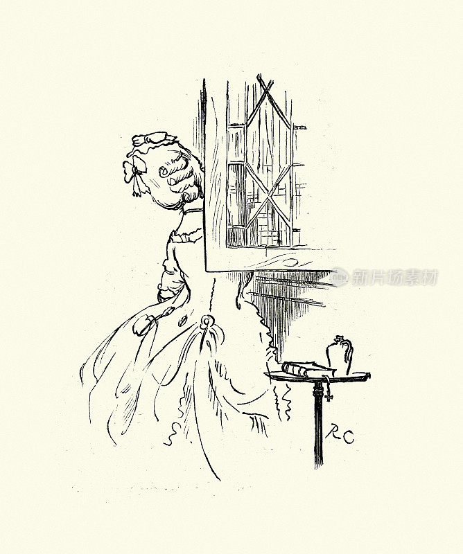 一个女人从书架上取下一本书，Randolph Caldecott插图